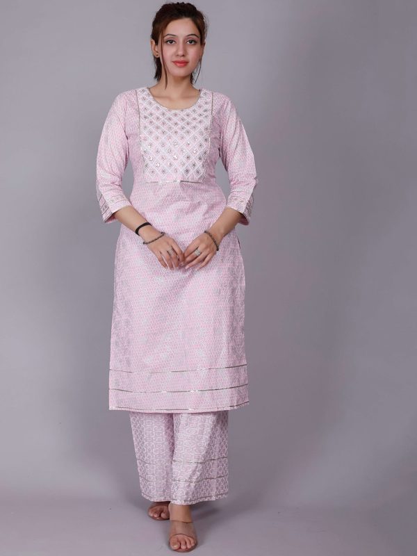 HERE&NOW Pink Ethnic Motifs Embroidered Sequinned Pure Cotton Kurta with Palazzos on Sale