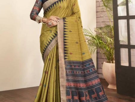 Olive Green Bhagalpuri Silk Paisley Print with Hand Mirror work Border Saree - Norita Nirvi Supply