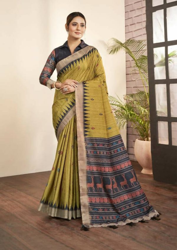 Olive Green Bhagalpuri Silk Paisley Print with Hand Mirror work Border Saree - Norita Nirvi Supply